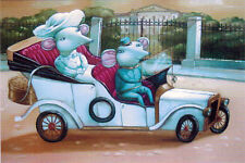 MICE IN CONVERTIBLE CAR in WEALTHY NEIGHBORHOOD Russian postcard picture
