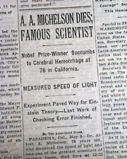 ALBERT A. MICHELSON Physicist Death & Albert Einstein's Theory 1931 Newspaper picture
