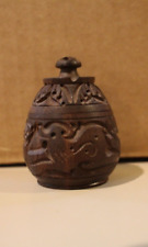 Trinket Box Oval Ball Shaped Carved animal design screw on lid with knob vintage picture