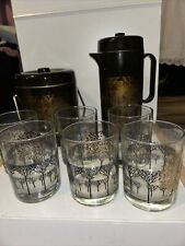 Otagiri Bar Set Ice Bucket Pitcher And 6 Tumblers Asian Forest Vintage Black MCM picture