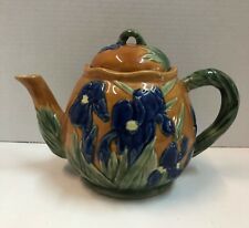 Vintage Majolica Blue / Purple Iris Stoneware Pottery Teapot Henriksen Imports picture