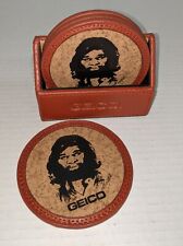 Collectible Set 4 GEICO CAVEMAN Drink Coasters Faux Leather/Cork Fun 4 Man Cave picture