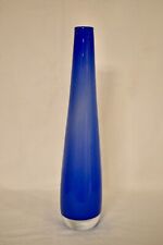Vintage Solid Blue Skinny Medium Decorative Art Glass Vase (Height: 14