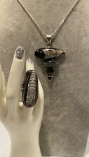 Vintage  Sterling Silver  Orthoceras Fossil Pendant Necklace and Ring Signed picture