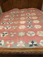 Vintage homemade Hexagonal Quilt Has damage Size 77 X 67 picture