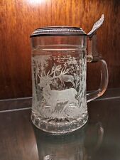 Clear Glass Lidded Beer Stein, Hand-Painted Deer, Made in West Germany picture
