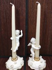 Set of 2 Vintage Ceramic Porcelain Climbing Angel Cherub Candle Holders W/ Bases picture
