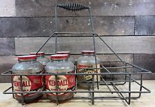 Vintage Metal Jar Crate With 4 Kendall & 1 Wolfs Head Motor Oil Glass Quart Jars picture