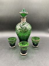 Antique decanter set Green Glass with silver overlay with 3 shot glasses Barware picture