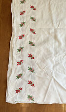Vintage Christmas Linen Banquet Tablecloth Embroidered Red Green Sprays 120 X 60 picture