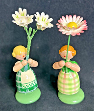 Nice Pair Of Vintage German Erzgebirge Painted Wooden Flower Girl Figurines picture