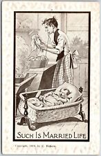 1914 Such Is Married Life Man Doing Household Chores While Baby Sitter Postcard picture