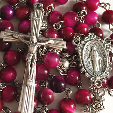 Red Tiger Eye & Silver Rose Prayer Beads ROSARY CROSS CRUCIFIX NECKLACE CATHOLIC picture