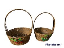 Vintage Hand Woven Set Of 2 Baskets Strawberry Ivy Detail Boho Chic picture