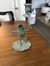 Vintage Bronze/Brass Verdigris Dancing Singing Frog Candlestick 9” On Lily Pad picture