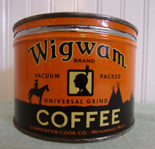 Antique Wigwam Coffee Tin Can 1 LB Indian Graphic Carpenter Cook Co Menominee MI picture