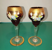 2 Italian Venetian Murano Ruby Red 24k Gold Liqueur Glasses Hand Painted Goblets picture