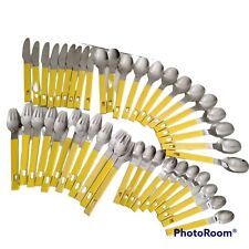 vtg retro stainless plastic flatware 44 Piece Hong Kong yellow hole cutout MCM picture