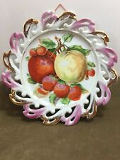 Vtg.  Decorative Plate - Porcelain Apple & Strawberry Hanging Wall Gold Trim picture