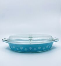 Vintage 1950s Pyrex Turquoise Snowflake Divided Casserole w/ Lid 063 *MINTY* picture