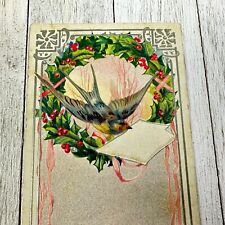 Antique Swallow Postcard Silver Embossed Letter Holly Wreath Dove Bird 1910-1915 picture