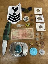 Junk Drawer Lot Vintage Now Coins Military Patch Penny 1907 Knife Belt Buckle picture