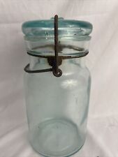 Putnam Trademark Lightning Aqua Glass Mason Jar With Lid 1800’s Beautiful picture
