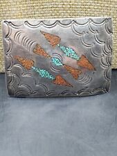 Vintage Jerry Johnson Silver, Turquoise & Coral In Lay Belt Buckle,  It's Signed picture