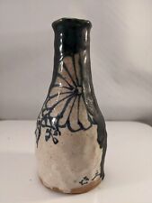 ​Antique Japanese Black Green Oribe Ceramic Bottle Vase Tokkuri Chrysanthemums picture
