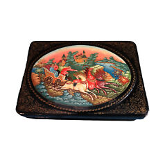 Russian Lacquer Trinket Box Hand Painted Folk Art Horse Carriage Scene picture