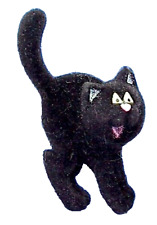 Hallmark PIN Halloween Vintage CAT BLACK Scaredy FLOCKED 1992 Holiday Brooch picture