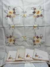 Vintage Hand Embroidered Tablecloth Cotton Flowers Applique Work With 4 Napkins picture