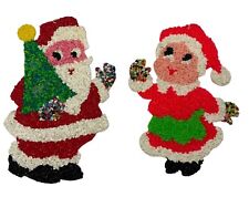 2 - VTG Melted Plastic Popcorn Christmas Wall Hanging Santa & Mrs Clause Holiday picture