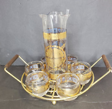 Vintage 1960s Culver Gold 9 Piece Roly Glass Pitcher Cocktail Drink Carrier Set picture