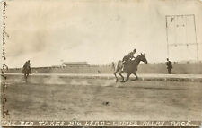 RPPC Postcard Red Takes Lead Ladies Relay Race Women Horse Racing Grand Forks ND picture