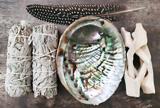 5 Pack White Sage Bundle WIth Large Abalone Shell & Stand Feather Smudging Kit picture