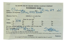 DRGW Railroad Denver Rio Grande Clearance Card 1961 Chama NM Train No. 338 B1 picture
