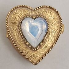 Vtg Florenza Heart Pill Box Faux Opal Rhinestone Ornate Gold Tone Hinged Signed picture