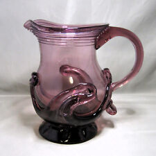 FABULOUS Vintage 1973 MCM AMETHYST Hand Blown Art Glass Lily Pad Pitcher SIGNED picture