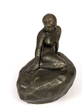 Art Deco Small  Spelter Bronze Patina Nude Mermaid on Rock Figurine Paper Weight picture