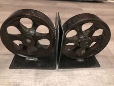 VTG Steampunk style Iron Wheel Bookends 8”Tall Over 7 pounds Each picture