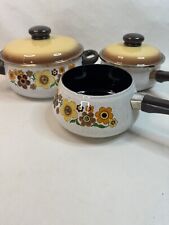 Vintage 70s Harvest Blossom Porcelain Enamel Cookware 5 PC Set Pot Pans picture