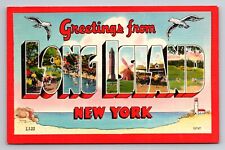 Greetings From Long Island New York Vintage Unposted Linen Postcard Large Letter picture