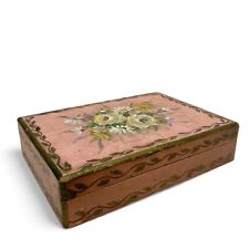 Vintage Pink Floral Chippy Painted Wood Rectangular Jewelry Box with Mirror picture