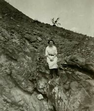 Woman Sitting On Rock Formation Mountain B&W Photograph 2.5 x 4.25 picture
