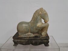 Rare Vtg Asian Genuine Natural Hand Carved Stone Kneeling Horse Statue On Stand  picture