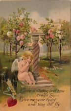 Postcard Valentine's Day Cupid Hugging Column Flowers  picture