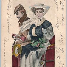 c1900s UDB Man Driving Early Touring Car Woman Hand Warmer Art Hand Colored A190 picture