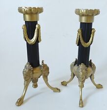 Pair Of 7in Black Metal Brass Footed Candlestick Holders French Ornate picture