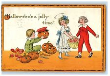 1914 Halloween Jolly Time Tuck JOL Children Girl Dress Apples Embossed Postcard picture